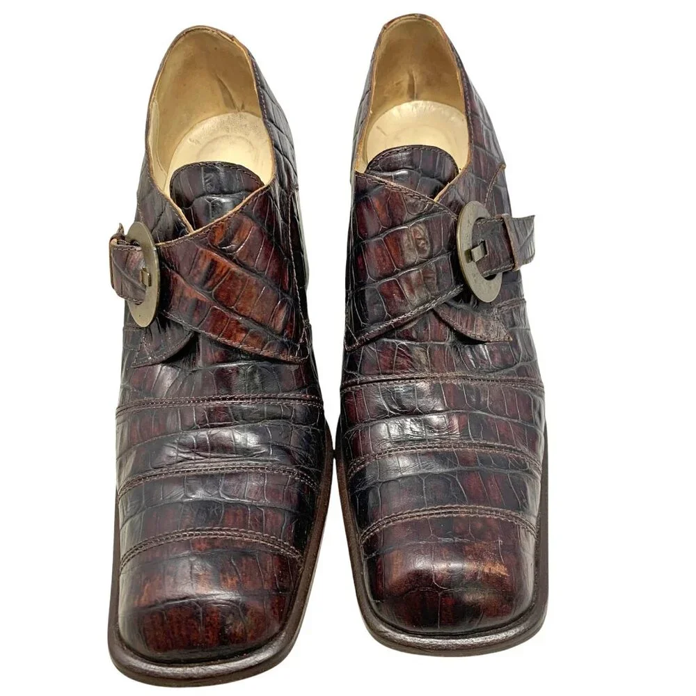 IXOS Reptile Embossed Italian Leather Monk Strap Chunky Heels‎